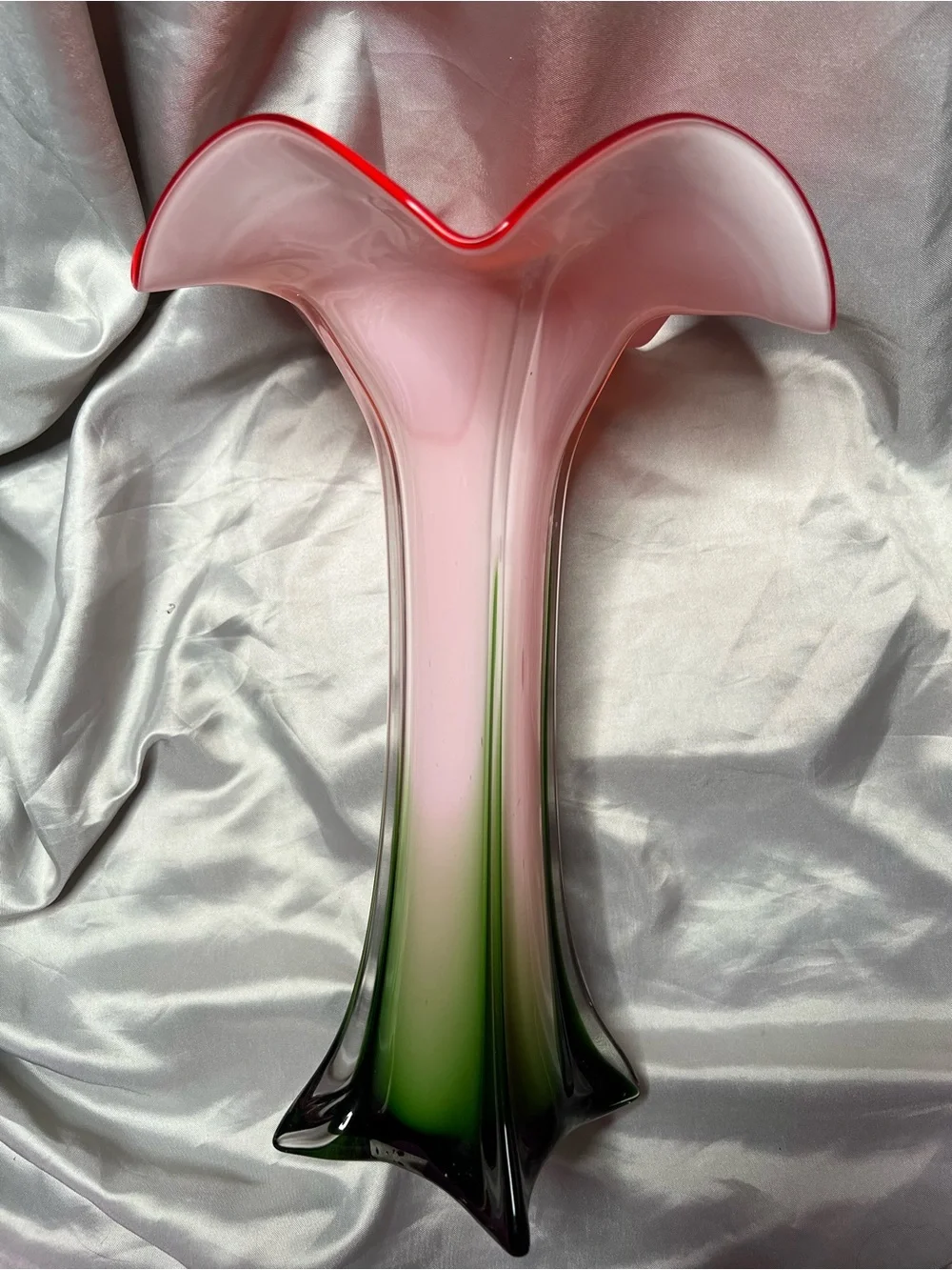 Vintage Pier 1 Hand-Blown Art Glass Trumpet Vase in Red-Orange with Green Base